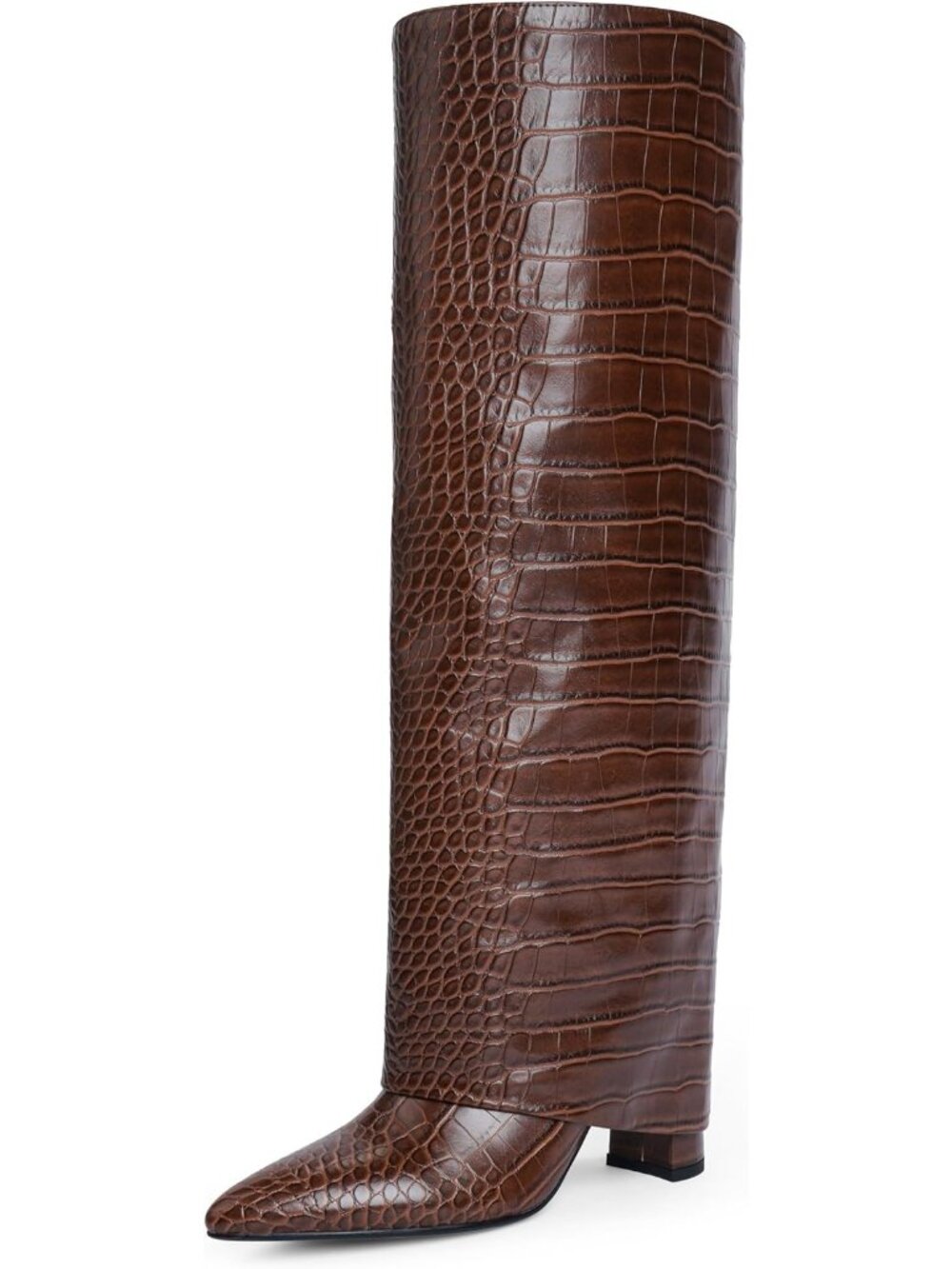 Women's Crocodile Brown Chunky High Heels Long Zipper Fold Over Knee High Boot